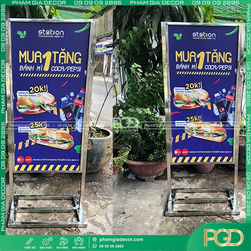 Thiết kế bảng hiệu Standee ấn tượng, bền đẹp tại TPHCM 4 Standee inox sang trọng với khung inox 304 bền đẹp, in UV cao cấp