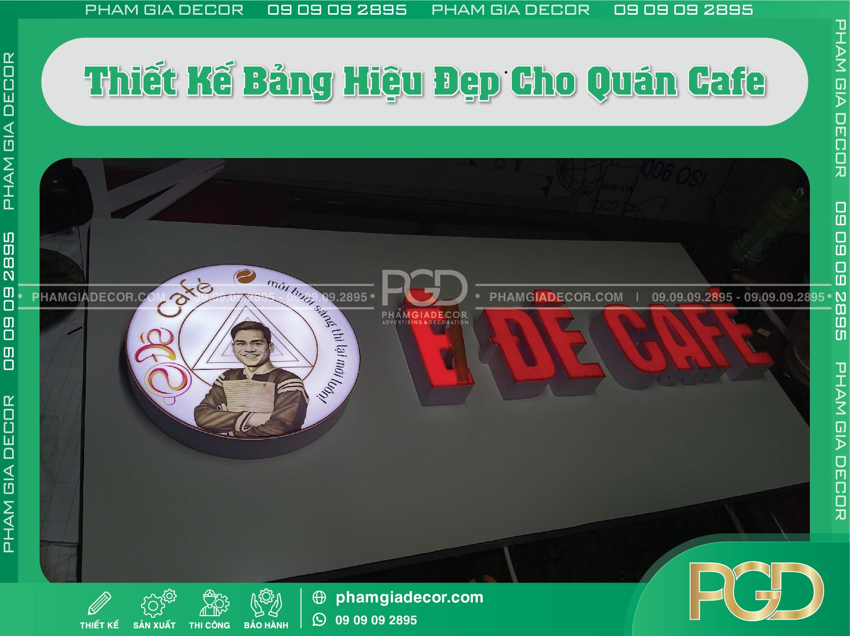 Thiết Kế Bảng Hiệu Đẹp cho quán cafe dùng chất liệu gỗ và đèn vàng ấm cúng.